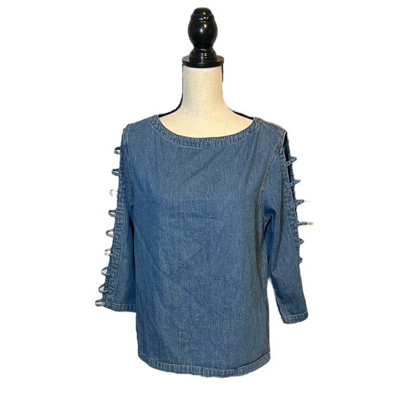 C.M.C By Color Me Cotton Women Long Sleeve Denim Top Cut Out Sleeve Small - Picture 2 of 6